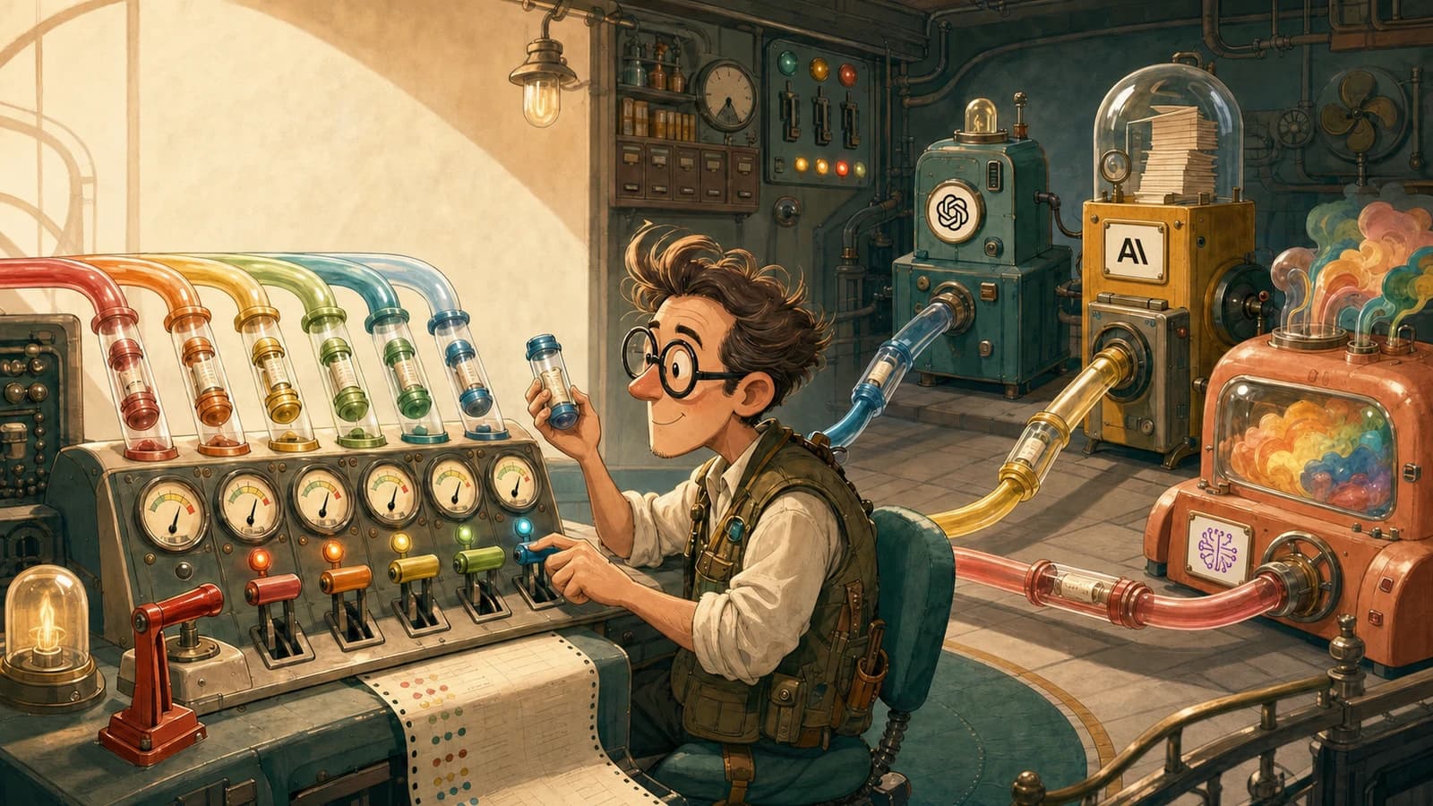 Operador de desenho animado recebe mensagens por tubos coloridos, confere medidores de quota e direciona os fluxos para maquinas identificadas como OpenAI, Anthropic e Amazon Bedrock.